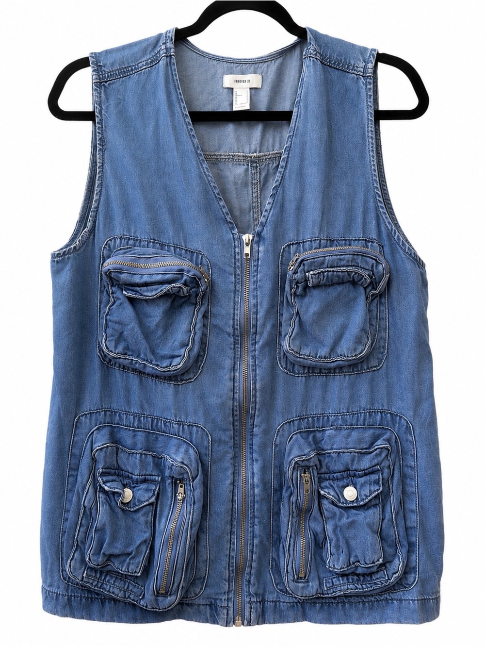 Forever 21 Women’s Blue Denim Utility Vest – Size Small – Multi-Pocket Zip Front